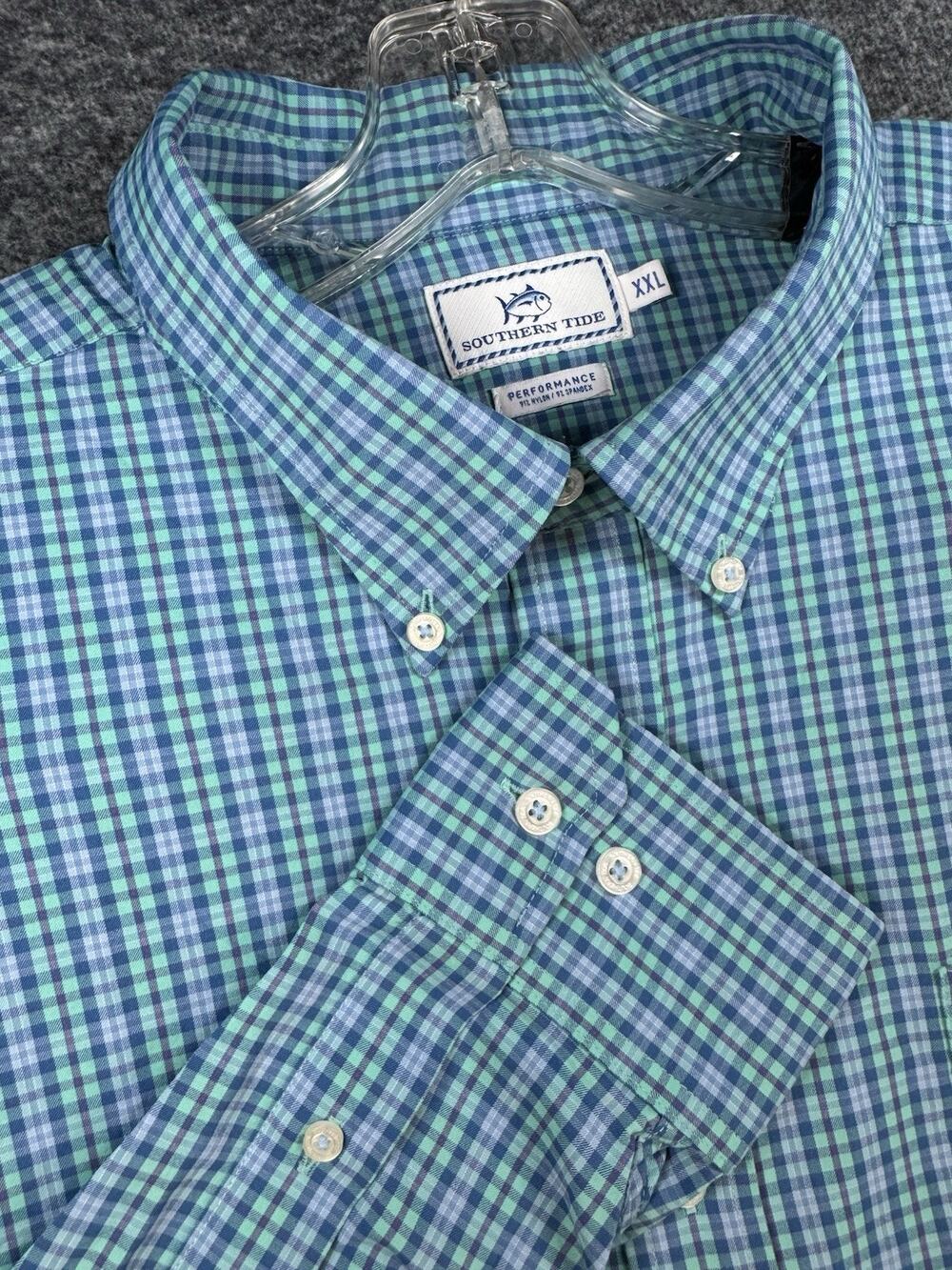 Southern Tide Mens XXL Teal Plaid Intercoastal Performance Stretch Button 0303